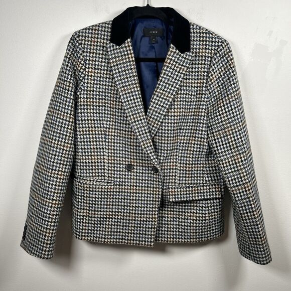 J Crew Dover Houndstooth Check Blazer Jacket Wool Velvet Collar Women’s Size 14 - Picture 1 of 8